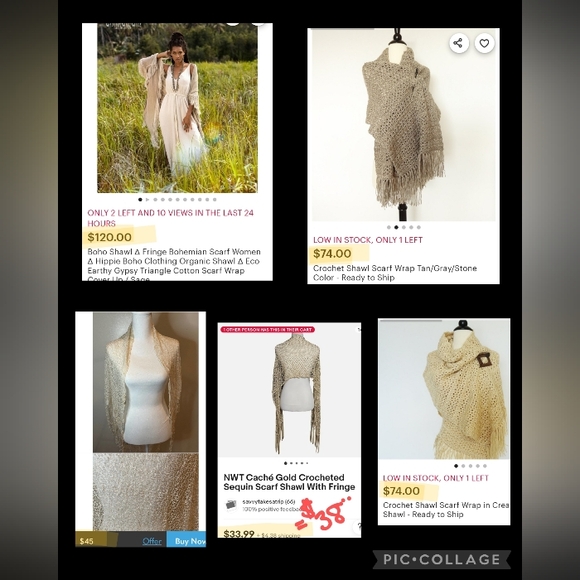 Beautiful Vintage Crocheted Shawl or Scarf - Sand w/ Sparkles - Picture 8 of 8